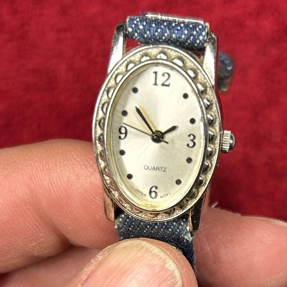 Avon VTG Women's Watch Silver Tone w/ Blue Denim Band, turquoise accents